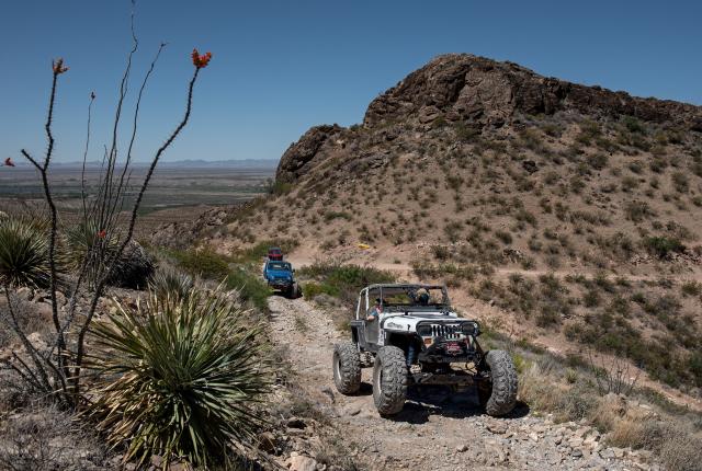 A popular off-road trail takes vehicles through Palomas Gap, as Caballo Lake and farms in the valley form the backdrop of the ascent.