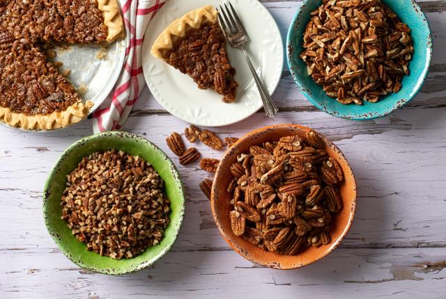 Table spread with bowls of Del Valle Organic Pecans.