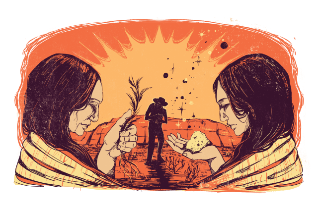 Illustration of two women in shawls performing a ritual in the desert with the setting sun and the silhouette of a man behind them.