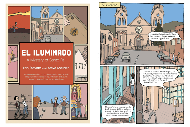 Comic-style cover and page from ‘El Iluminado,’ showing Santa Fe scenes, a church, and characters walking and talking.