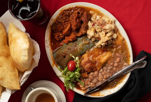Try the traditional combination plate from Rancho de Chimayó, which includes a rolled cheese enchilada, Spanish rice, beans, and carne adovada.