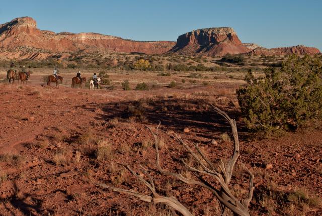 A group tours Ghost Ranch on horseback.