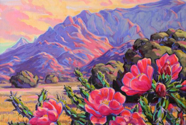 Colorful painting of blooming pink desert flowers in the foreground with purple mountains and a pastel sky in the background.