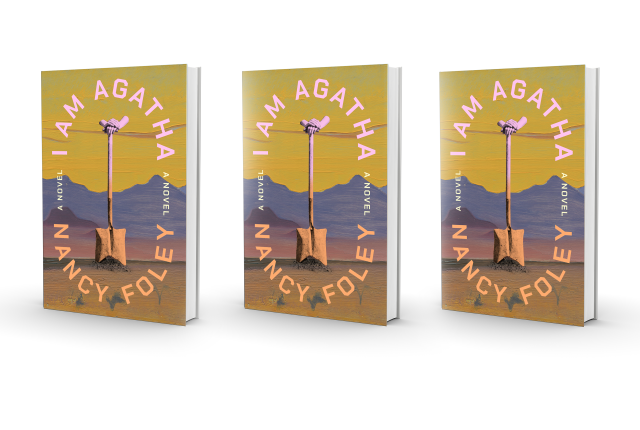 Three copies of the book "I Am Agatha" by Nancy Foley are displayed. The cover features a shovel in the ground with a vibrant sunset background.