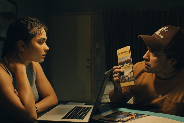 A tense scene from the 2024 SFiFF film "In Our Blood," starring Brittany O'Grady and E.J. Bonilla.