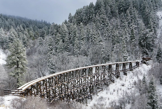 Cloudcroft's Mexican Canyon Trestle covered in snow.