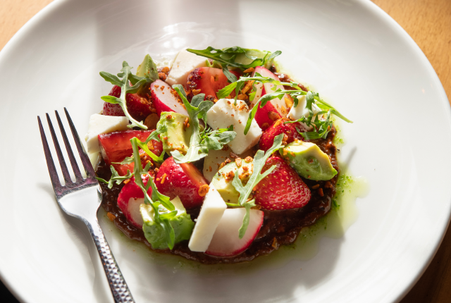 Strawberry avocado salad with pecan salsa macha.