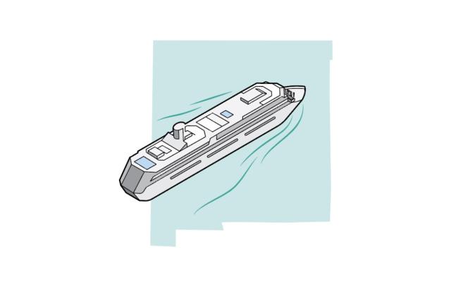 An illustration of a cruise ship sailing to the left on teal-colored water in the shape of the state of New Mexico.