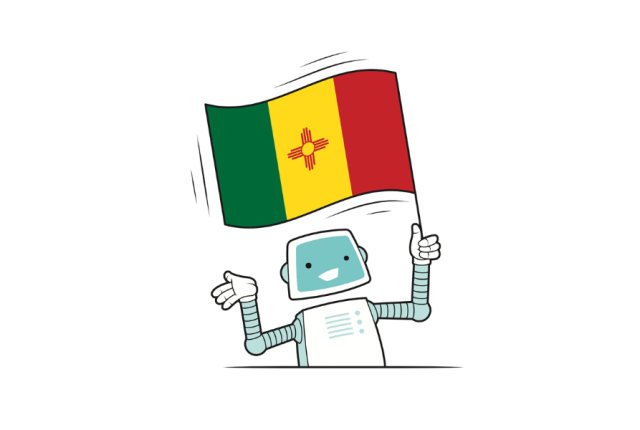 A smiling robot waves a Mexican flag, illustrating AI mistaking New Mexico for Mexico.