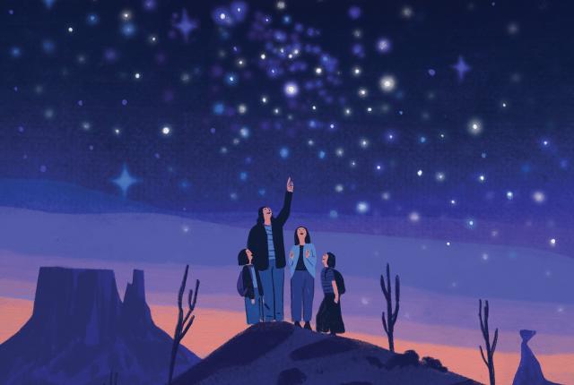 Family standing on a hill looking up at the stars at sundown illustration by Ryan Johnson.