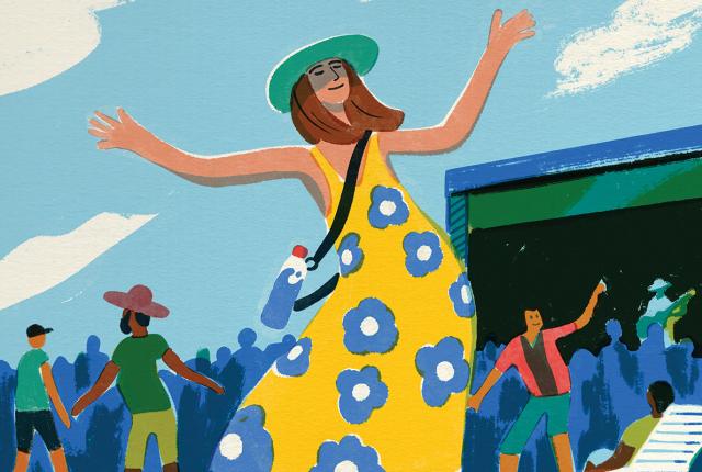 Illustration of woman dancing at outdoor concert.