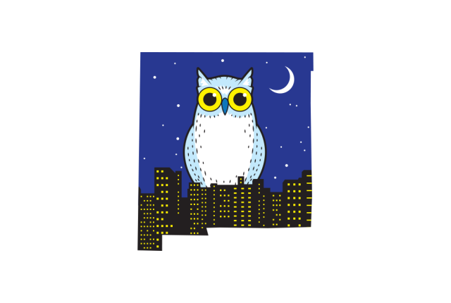 Illustrated owl with bright yellow eyes perched above a city skyline under a night sky.