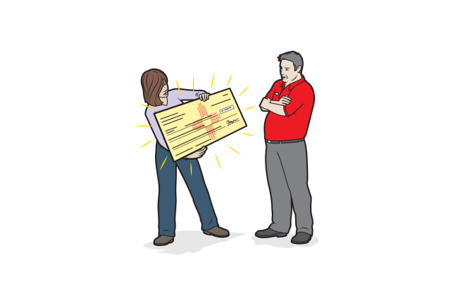 Illustration of a woman presenting a man with a check with a Zia symbol on it.