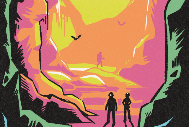Colorful illustration of bats flying through a tall cave chamber as two people stand below.