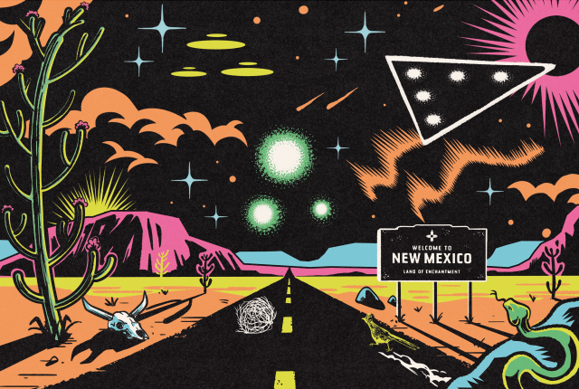Illustrated green lights and flying saucers hover above a desert highway near a New Mexico welcome sign.
