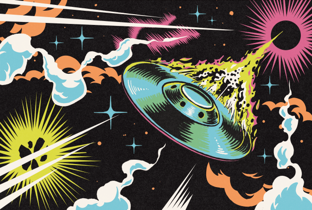 A colorful flying-saucer illustration surrounded by stars, clouds, and bright streaks against a black sky.
