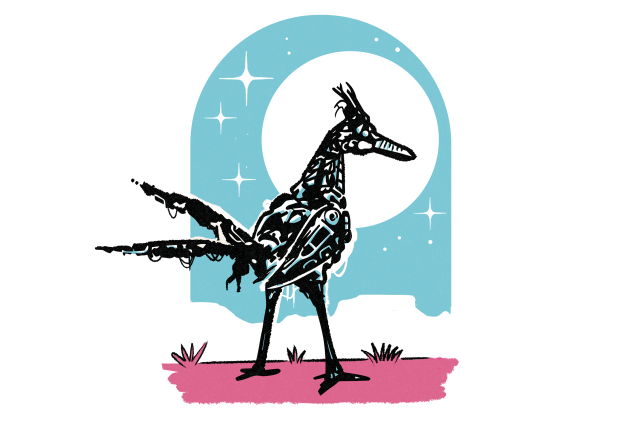 Illustration of a patterned roadrunner standing before a turquoise arch on pink ground.