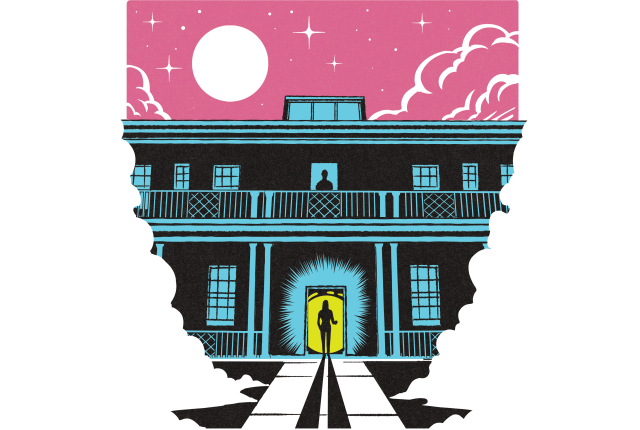 Illustrated mansion with silhouettes in a window and a glowing doorway beneath.
