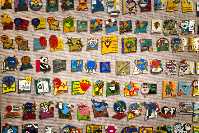 Balloon Fiesta Volunteer Steve Arndt's colorful collection of pins.
