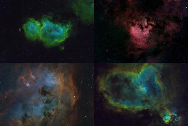 Astrophotography of the Soul Nebula, NGC 7882, Heart Nebula, and Tadpoles Nebula.