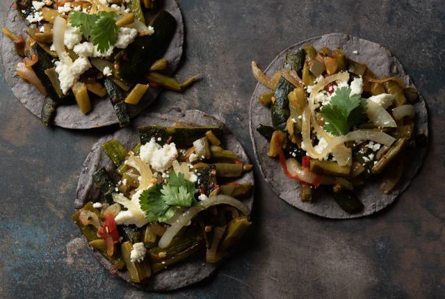Chef Andrew Fleisher Ortivez's nopales rajas tacos with blue corn tortillas.