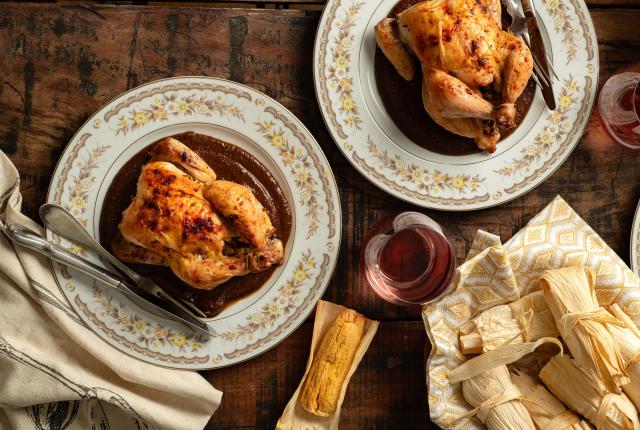 Stuffed Game Hens with Mole and Navajo Kneel Down Bread by Chef Walter Whitewater.