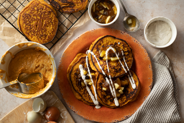 Pumpkin-apple griddle cakes turn brunch into an  autumnal feast.