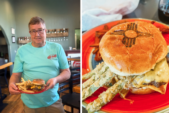 From left: Co-owner Brian Cleckler. The half-pound green chile cheeseburger gets a Zia brand.