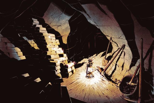 Illustration of a dimly lit mine tunnel with stacked gold bars, pickaxes, and a lantern.