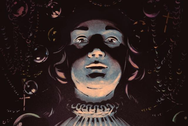 A surreal image of a person's face illuminated from below, casting dramatic shadows.