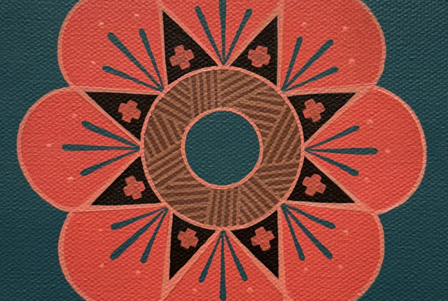 A geometric floral design features a circular center surrounded by pink petal‑like shapes accented with black triangles, teal lines, and small cross motifs on a textured teal background.