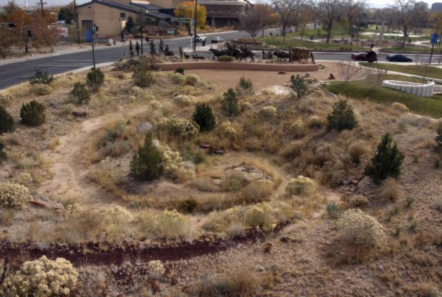 An aerial view shows Nora Naranjo Morses's spiral earthwork "Numbe Whageh" at the Albuquerque Museum.