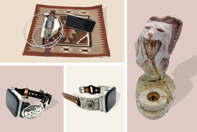 Collage showcasing smartwatches with leather straps on Native American textiles, a stone sculpture resembling a figure, and a smartphone with a charging cable.