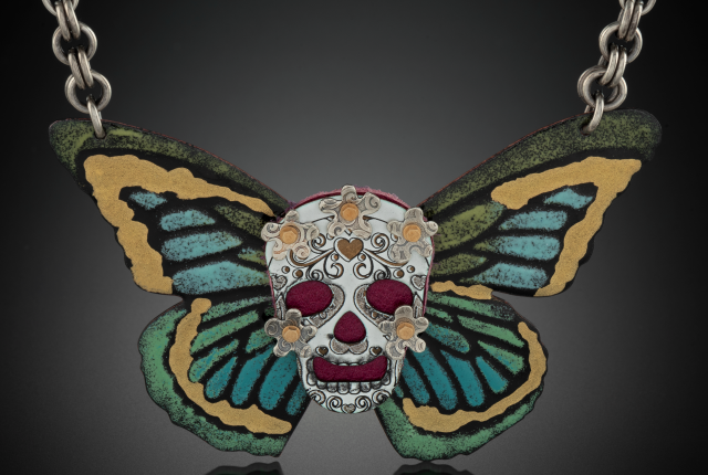 Ravelle Flores’s enamel jewelry includes colorful skull necklaces.