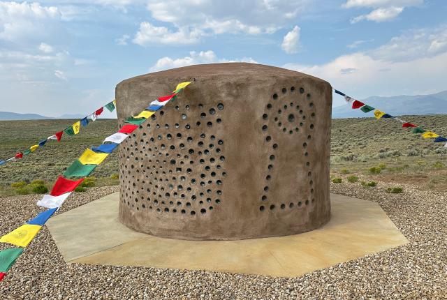 The shrine is inspired by roadside Greek chapels and Buddhist stupas.