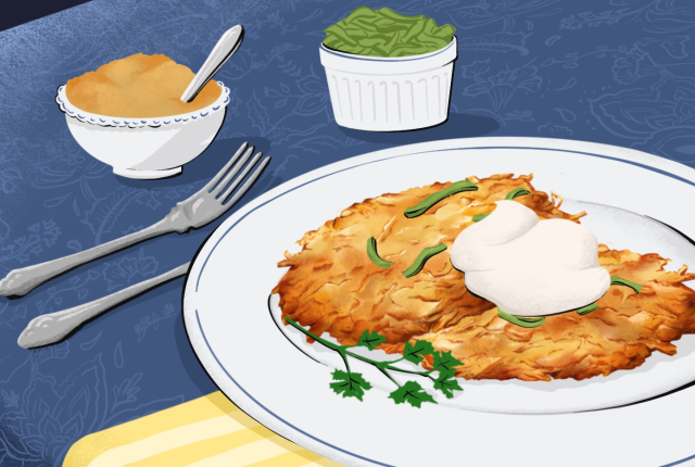 An illustration of a plate with Latkes topped with sour cream and herbs, served alongside bowls of applesauce and green beans.