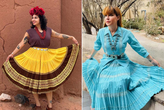 Two individuals each display wide, pleated, brightly colored skirts in an outdoor setting.