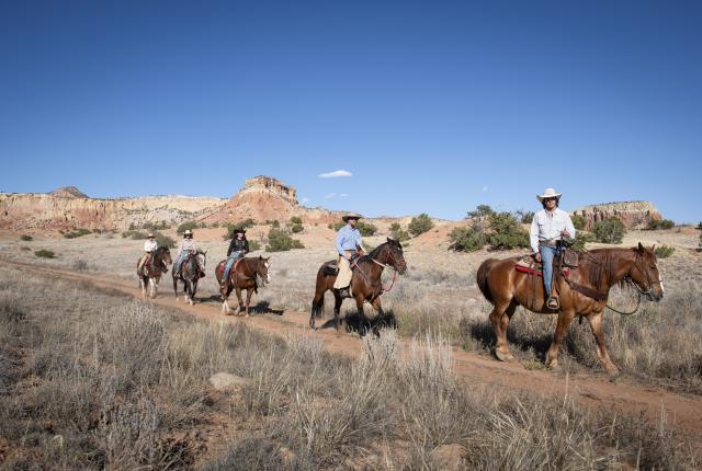 Group of riders on horseback travel along a dirt trail through a dry desert landscape with red rock cliffs under a clear blue sky.