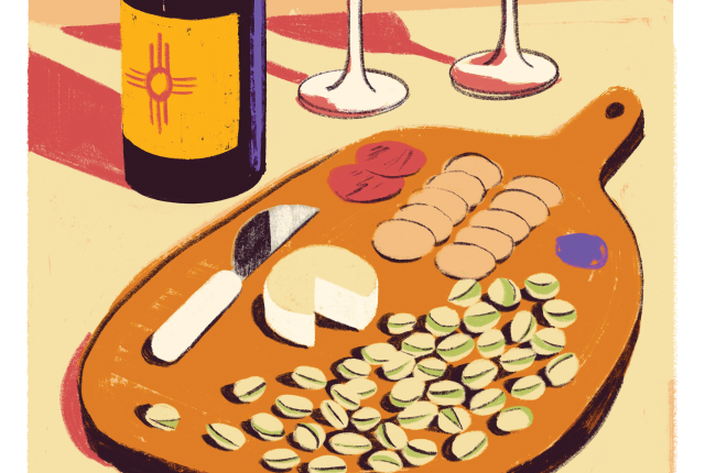 Illustration of New Mexico wine bottle and pistachios on charcuterie board.