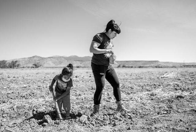 Michelle Lowden and her three-year-old son, Naiyu, a future farmer of Acoma, out in the cornfield.
