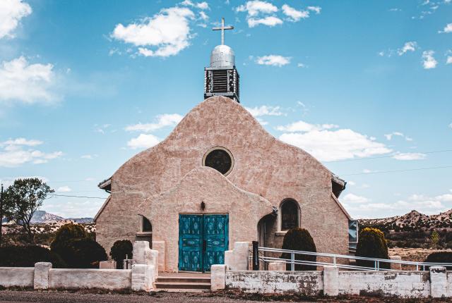 Front view of San Ysidro Catholic Church in San Ysidro, New Mexico.