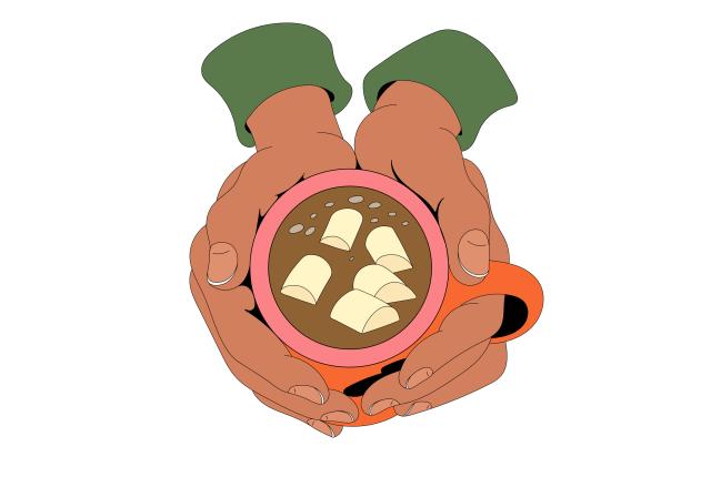Illustration of hands in green sleeves holding a pink mug of hot chocolate with marshmallows.