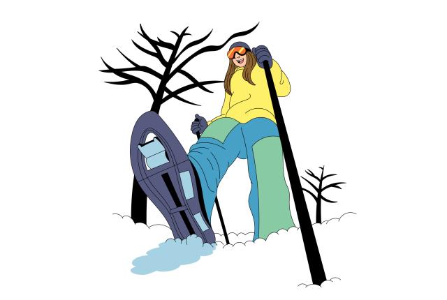 Illustration of a person snowshoeing in a snowy landscape. They wear a yellow jacket, blue pants, and orange goggles.