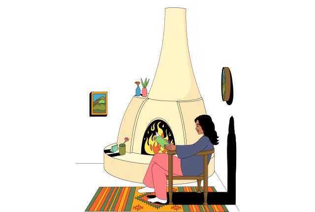 Illustration of a woman reading in a cozy room with a large fireplace. The decor features colorful vases, a framed landscape, and a striped rug.