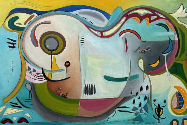 Abstract painting with vibrant colors and swirling shapes, blending blues, greens, and yellows.