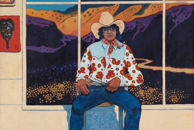 A seated man in a cowboy hat and floral Western shirt poses before a landscape in T.C. Cannon's "Self Portrait in the Studio"