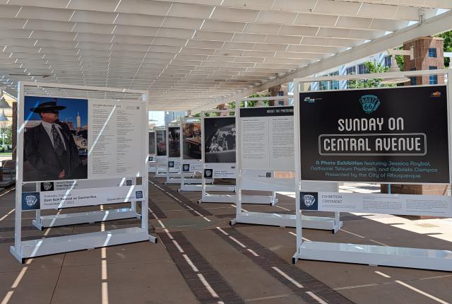 Exhibition board displays for the Albuquerque exhibition "Sunday on Central Avenue" at Civic Plaza.