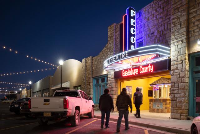 Exterior of the Pecos Theatre in Santa Rosa, a historic 1919 cinema along Route 66, showing its vintage façade and marquee.