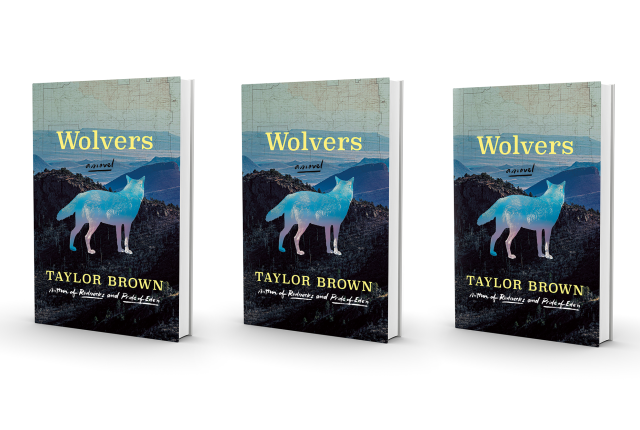 Three copies of the book "Wolves" by Taylor Brown are displayed, featuring a stylized, blue-toned wolf against a backdrop of mountainous terrain.