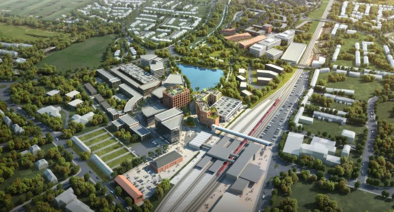 CGI aerial image of proposed Stafford Station Gateway development